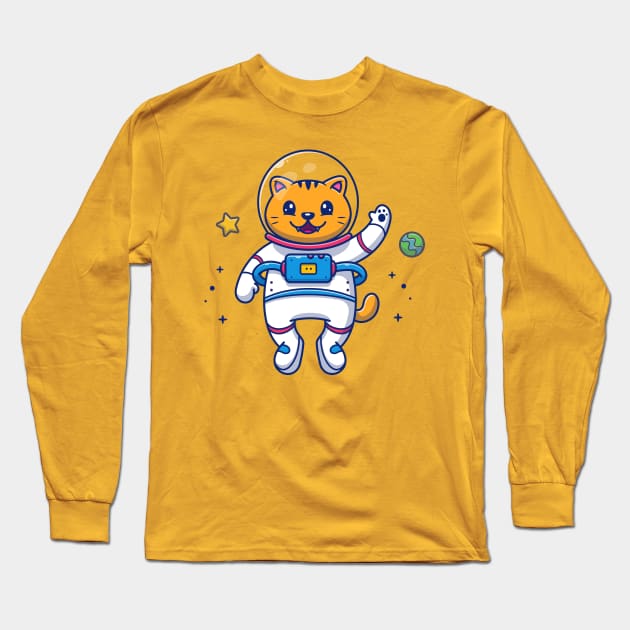 Cute Cat Astronaut Flying In Space Cartoon Long Sleeve T-Shirt by Catalyst Labs